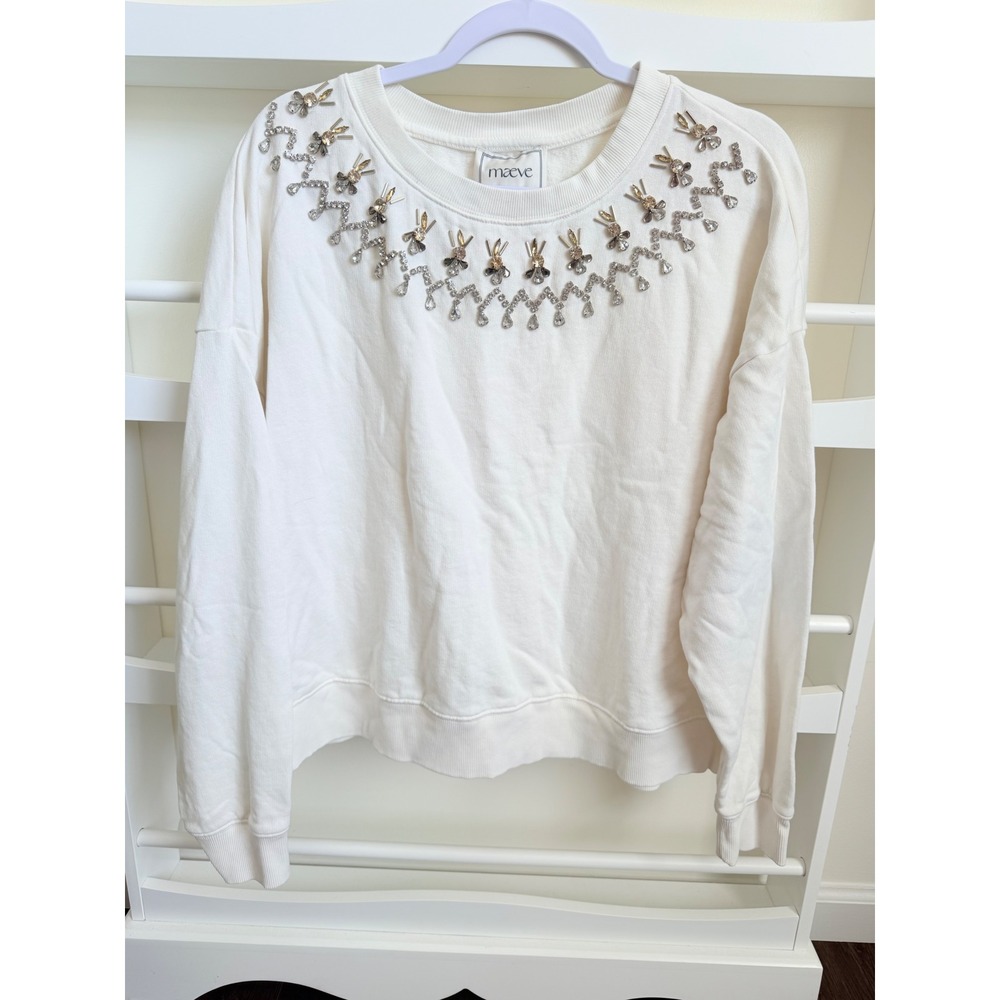 Maeve Anthropologie White Embellished Jeweled Neckline Cotton Sweatshirt Large